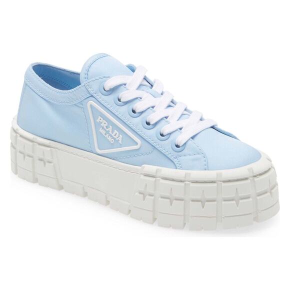 Prada Cielo Blue Nylon White Platform Lug Sole Flat Low Top Trainer Sneaker 37.5 - Picture 2 of 12